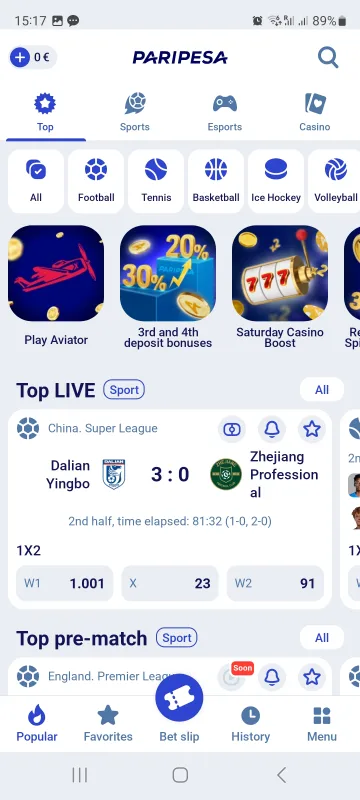 Paripesa home screen on mobile