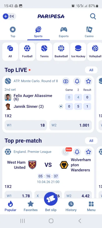 The Paripesa app interface
